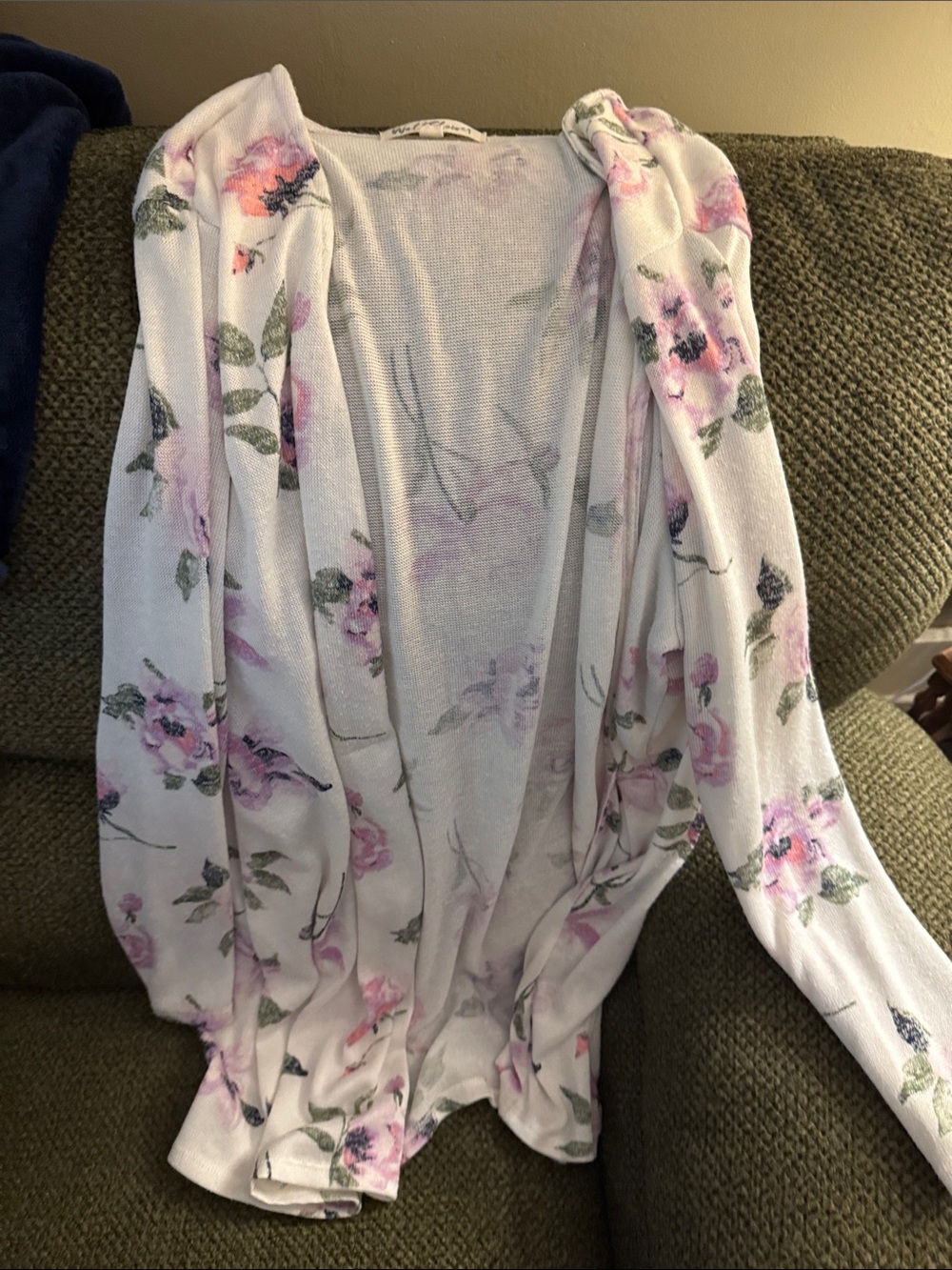 Wallflower White Open-Front Cardigan with Pink & Green Floral Print